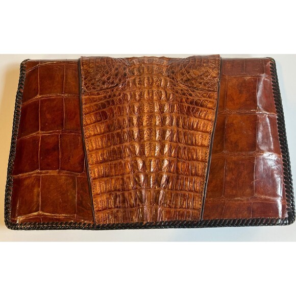 Vintage Whiskey Brown Genuine Crocodile Alligator Clutch Handbag Purse